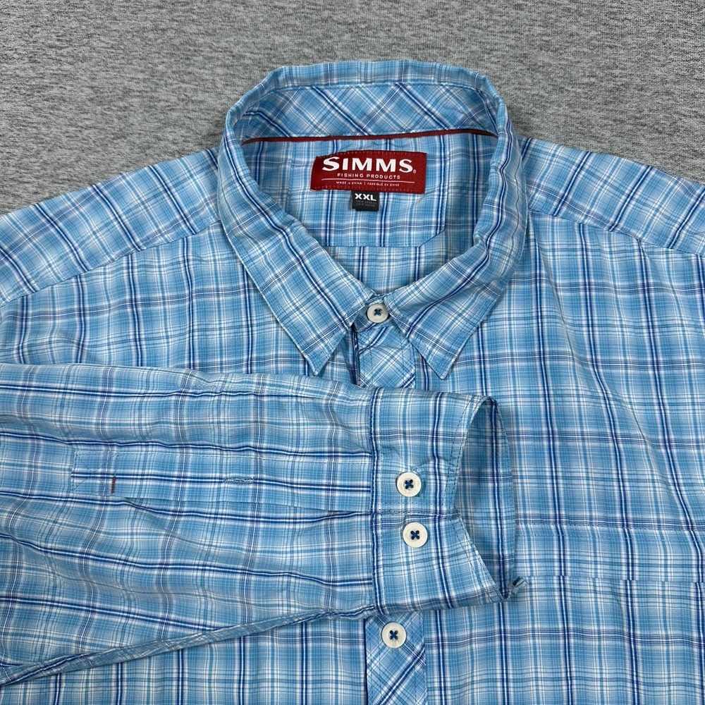 Simms Shirt Mens 2XL Blue Plaid Zip Pockets Long Sleeve Outdoor Hiking Fishing